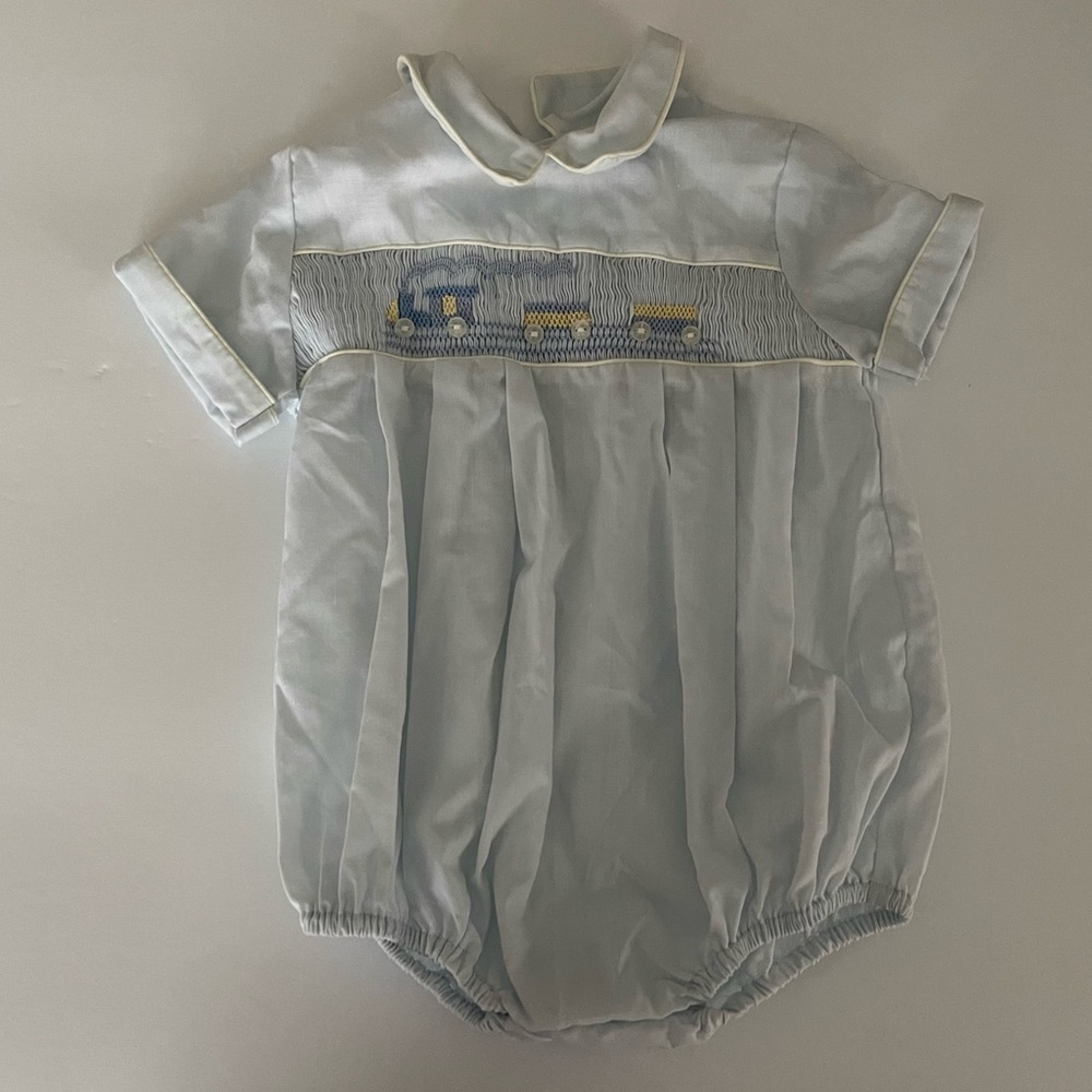 Carriage Boutiques Vintage Baby Smocked Light Blue Train Romper Sz 12 Months